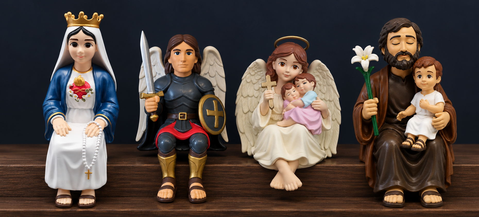 The Founders Collection — the Blessed Mother, St. Michael, the Guardian Angel, and St. Joseph seated together on a walnut shelf.