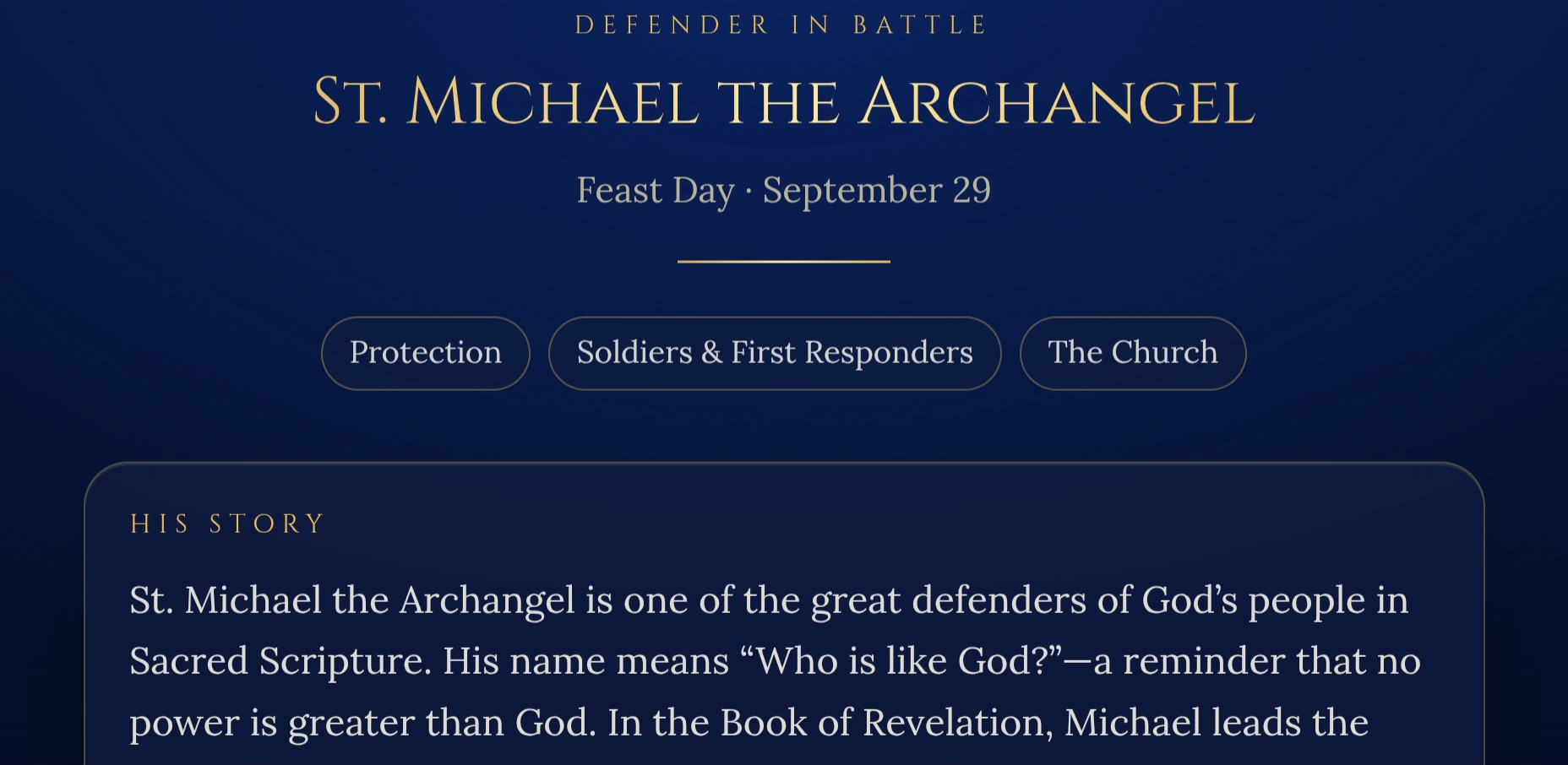 Public St. Michael Saintlink sample showing St. Michael the Archangel, his September 29 feast day, patronages, and the beginning of his story.