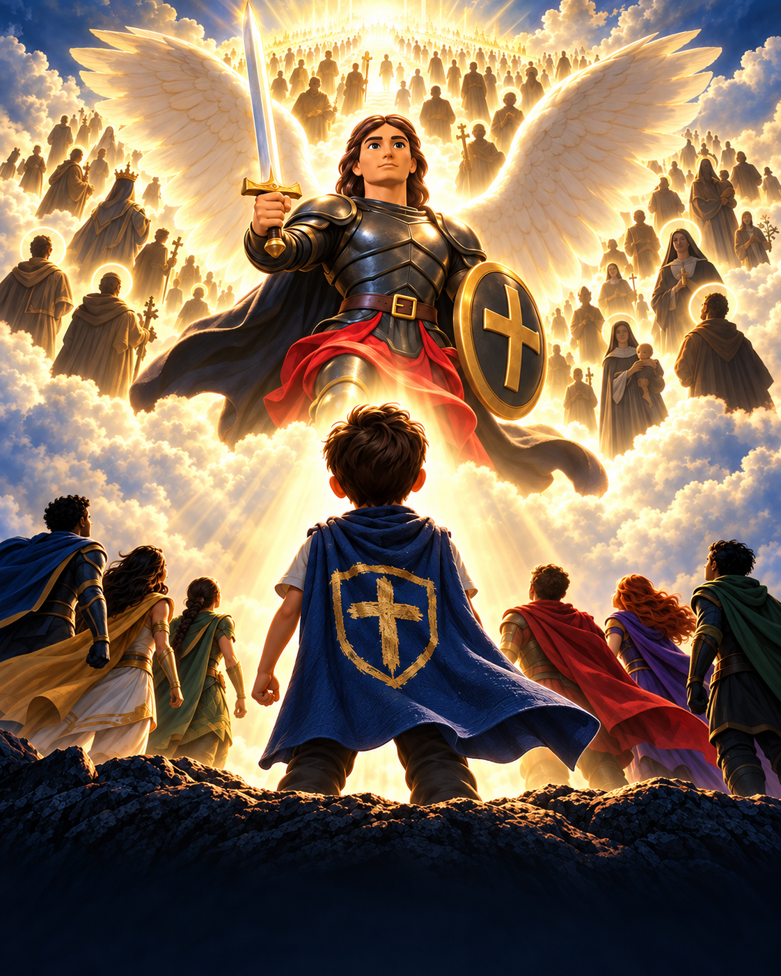 A child wearing a homemade St. Michael cape looks toward St. Michael and the Communion of Saints.