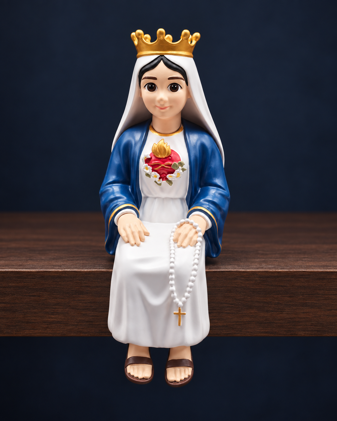 Blessed Mother hand-painted collectible figure with crown and rosary, seated on a walnut shelf