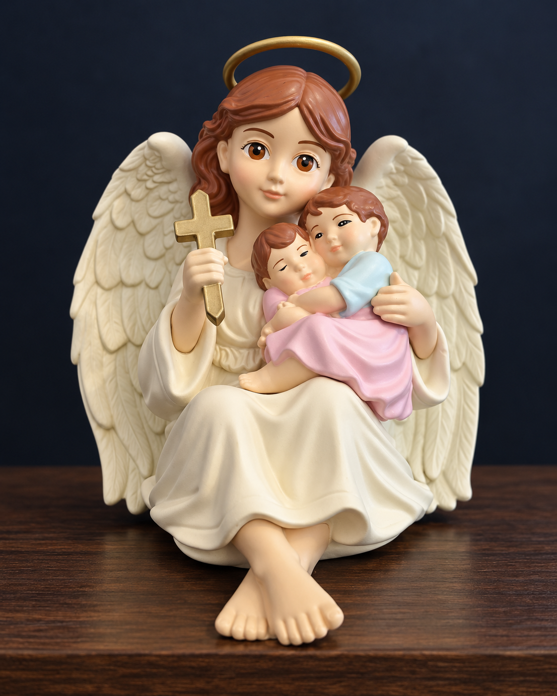 Guardian Angel hand-painted collectible figure holding a cross with two children, seated on a walnut shelf