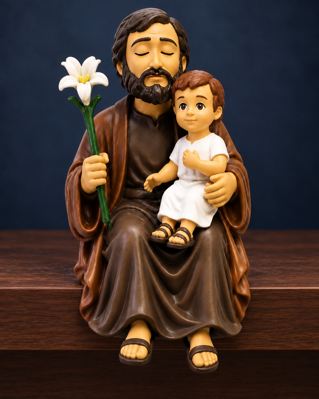 St. Joseph hand-painted collectible figure with the child Jesus and a lily, seated on a walnut shelf