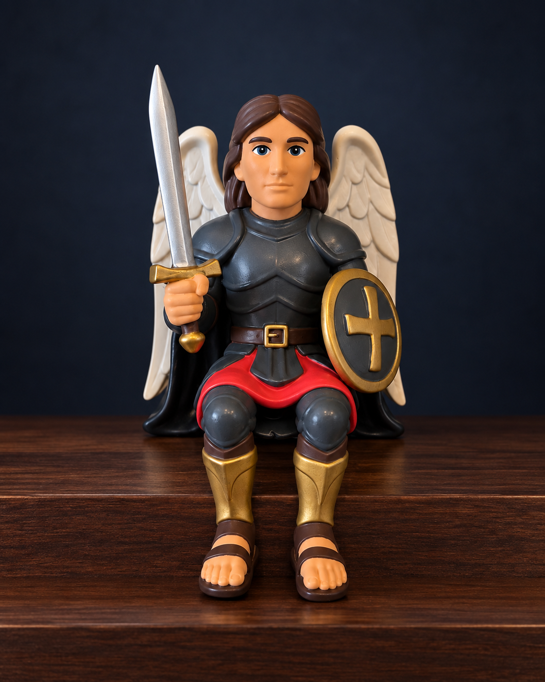 St. Michael the Archangel hand-painted collectible figure with sword and shield, seated on a walnut shelf